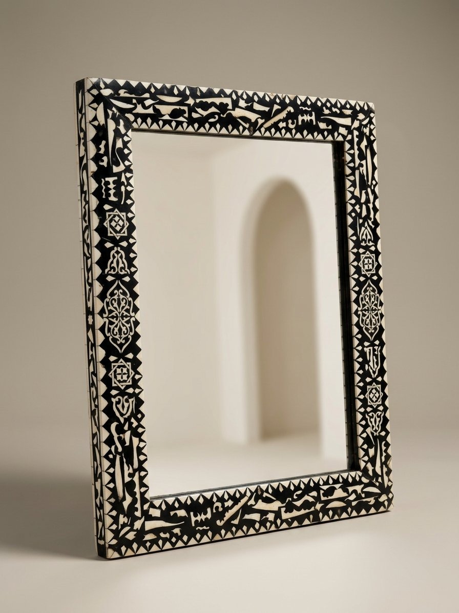 Miroir à calligraphie incrusté d'os