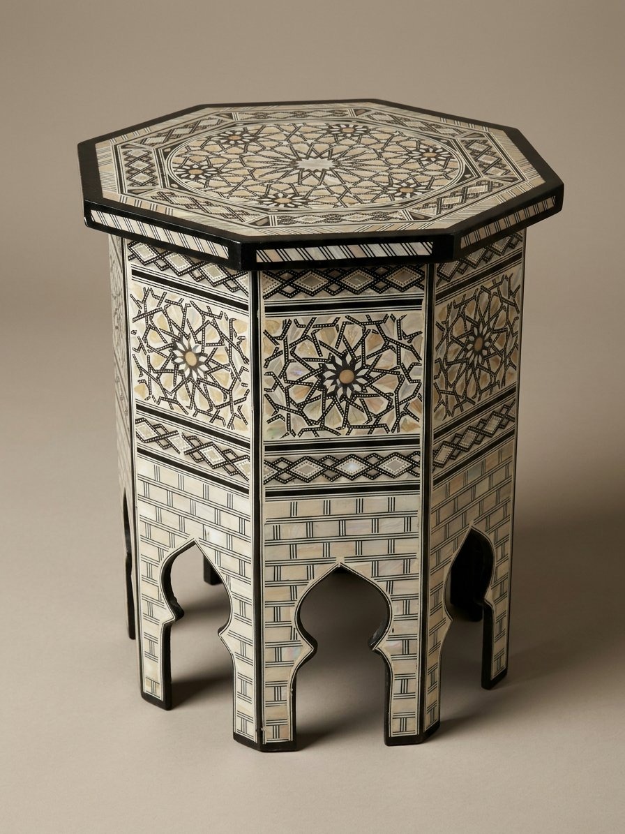 Table hexagonale en os et nacre